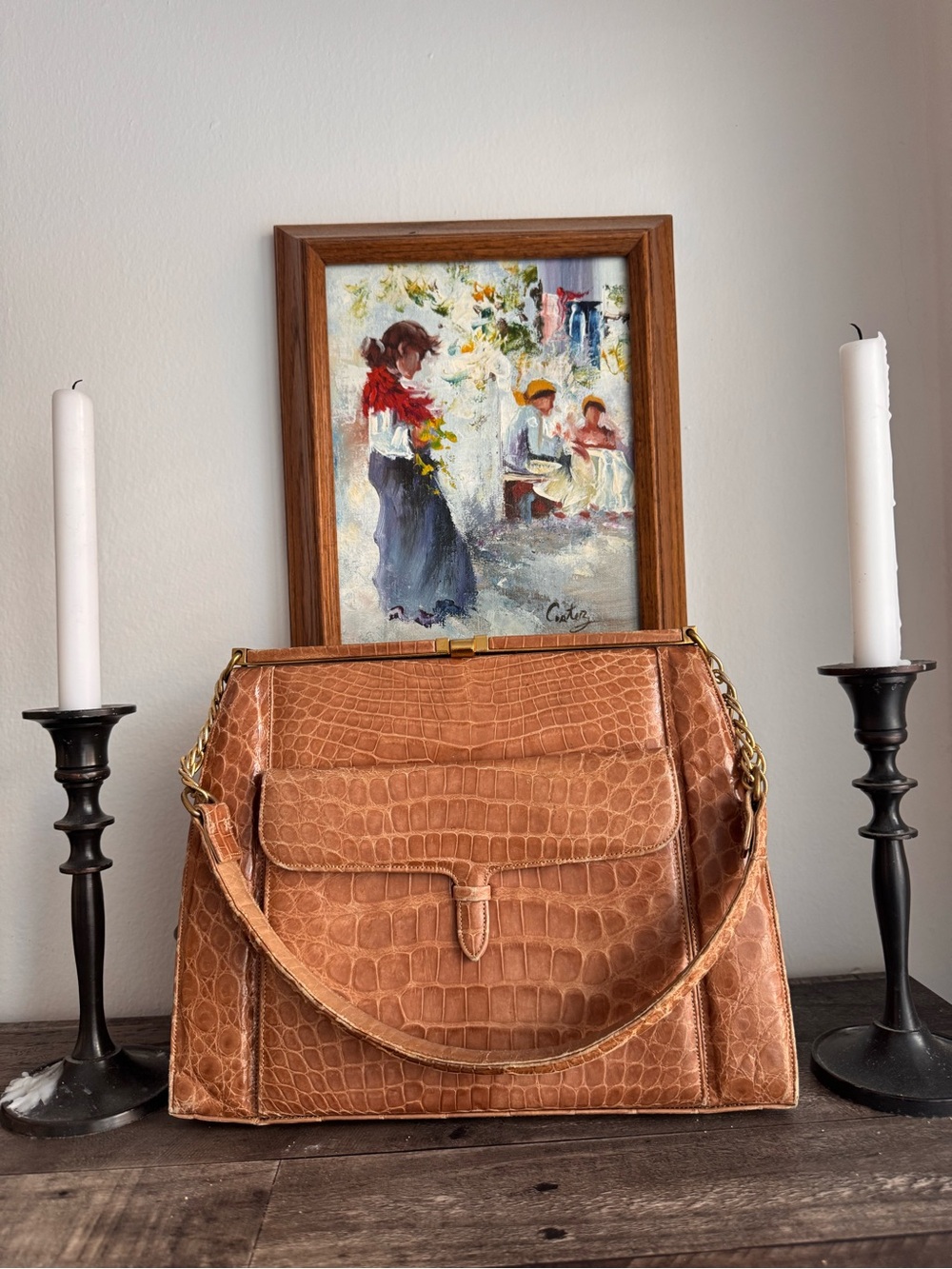 VINTAGE Lucille De Paris Genuine Alligator Frame Bag Cognac Tan Crocodile
